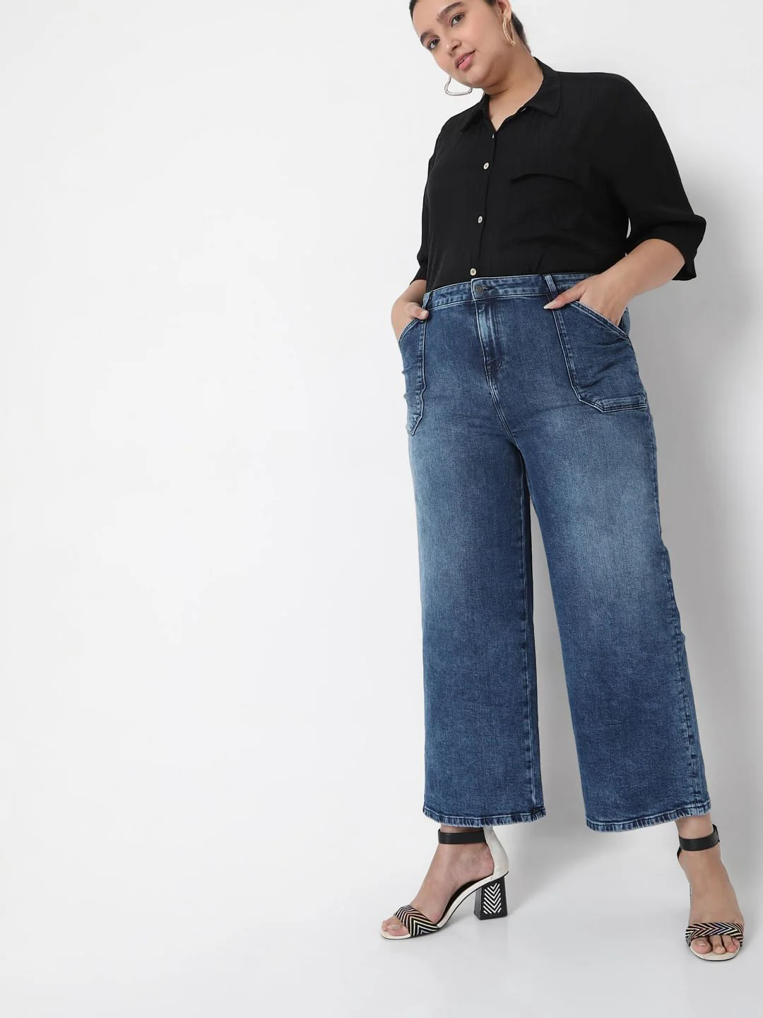 Curve Blue Mid Rise Wide Leg Jeans - Image 2