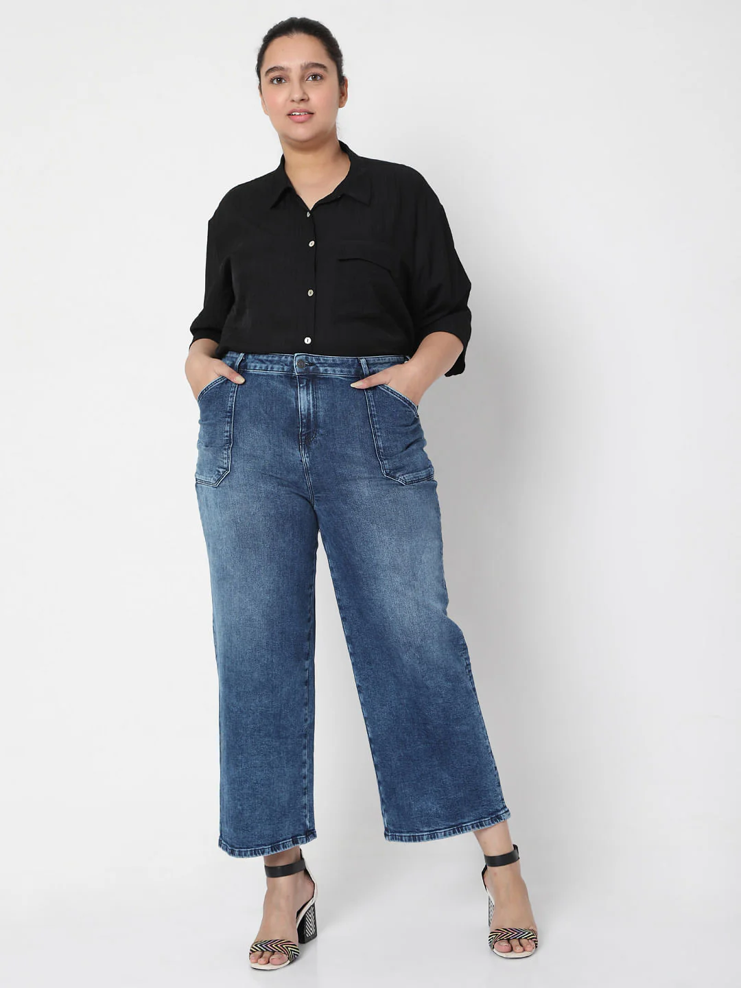 Curve Blue Mid Rise Wide Leg Jeans - Image 6