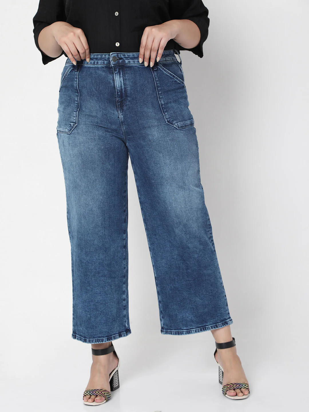 Curve Blue Mid Rise Wide Leg Jeans - Image 8