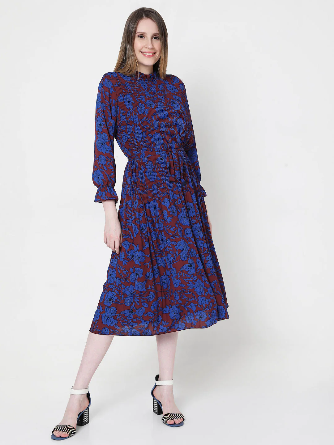Blue & Maroon Floral Print Pleated Dress - Image 2