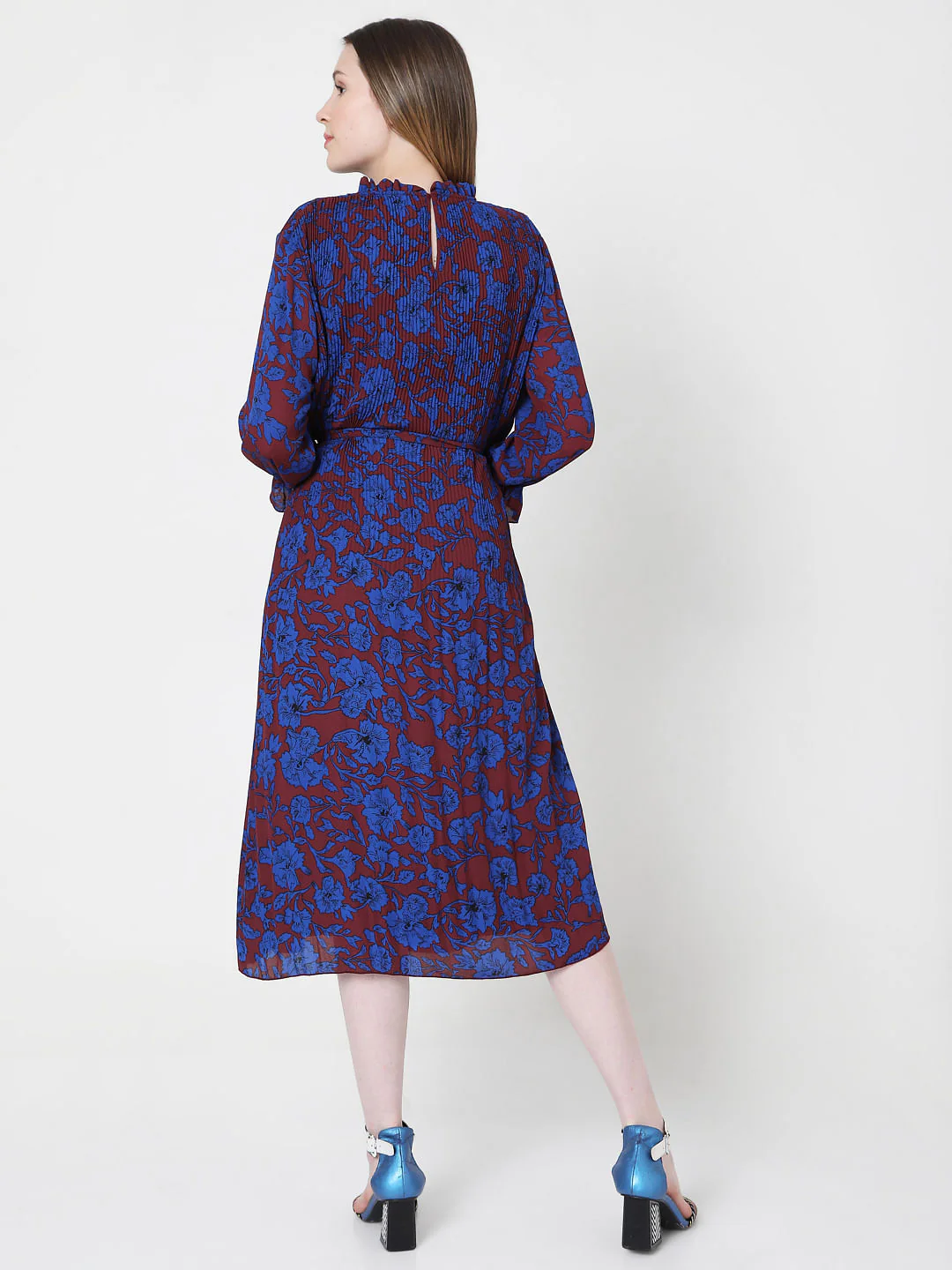 Blue & Maroon Floral Print Pleated Dress - Image 4