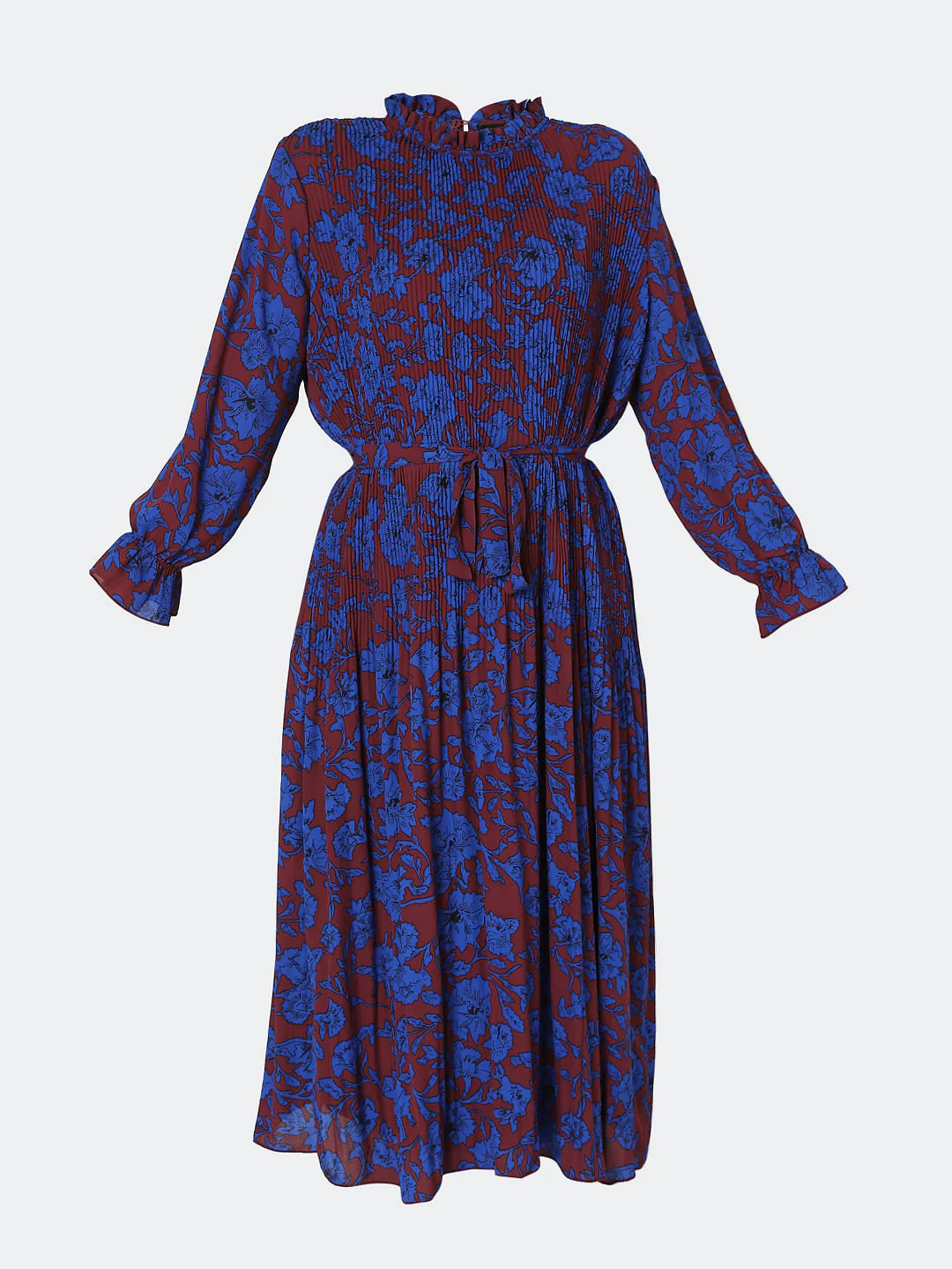 Blue & Maroon Floral Print Pleated Dress - Image 6