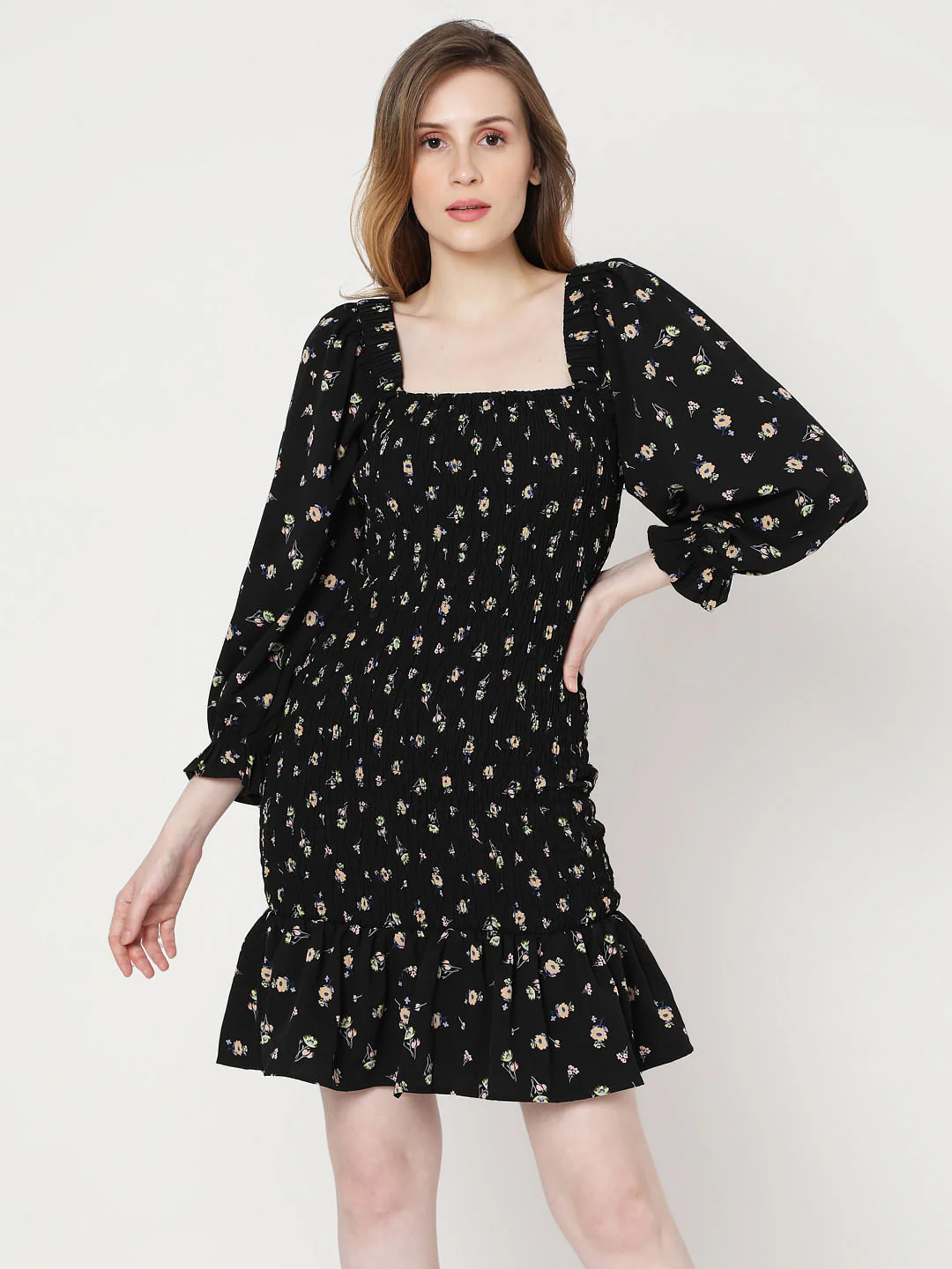 Black Floral Smock Shift Dress - Image 2