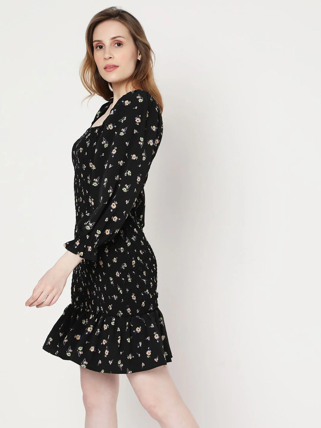 Black Floral Smock Shift Dress - Image 3