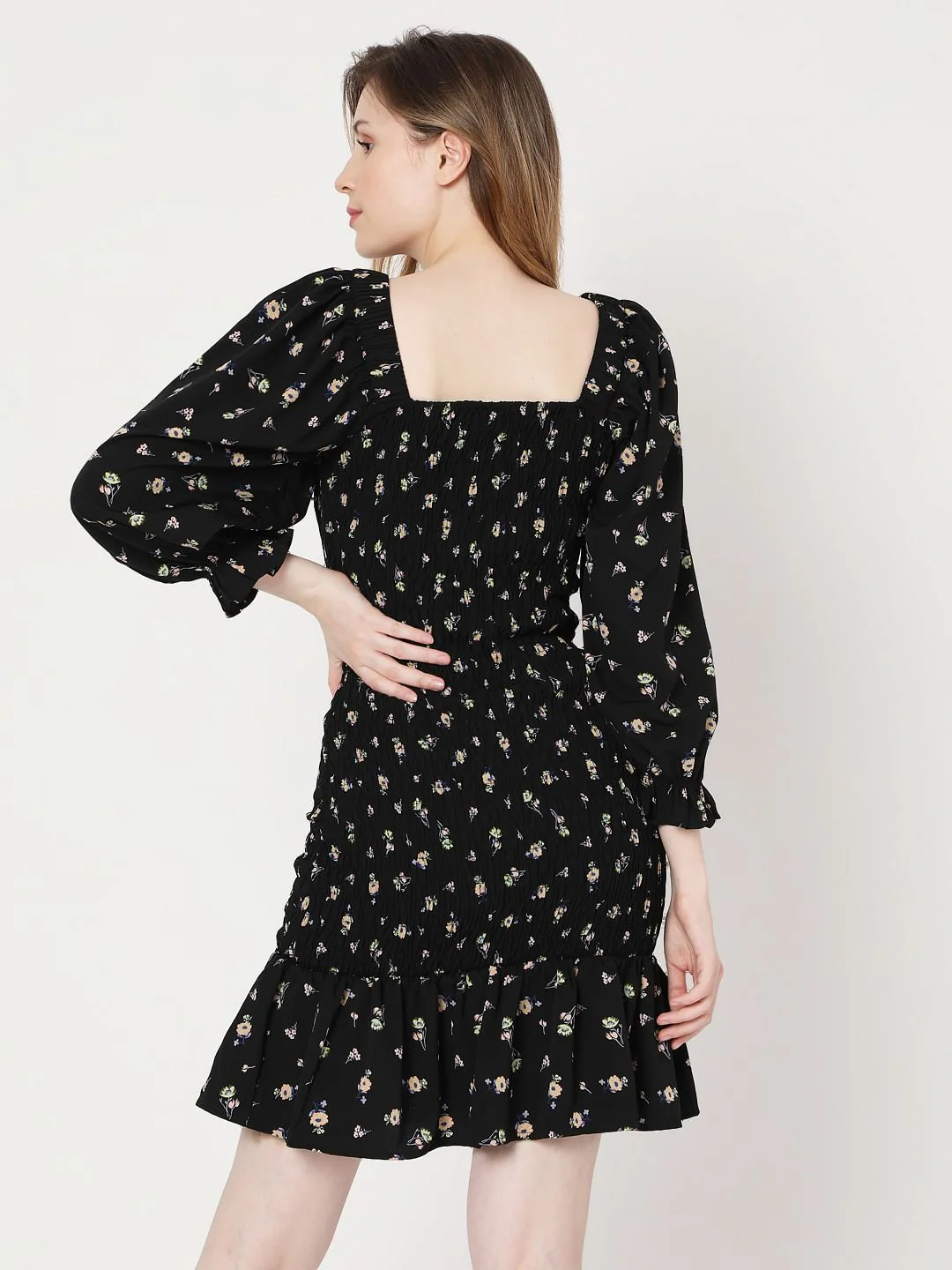Black Floral Smock Shift Dress - Image 4