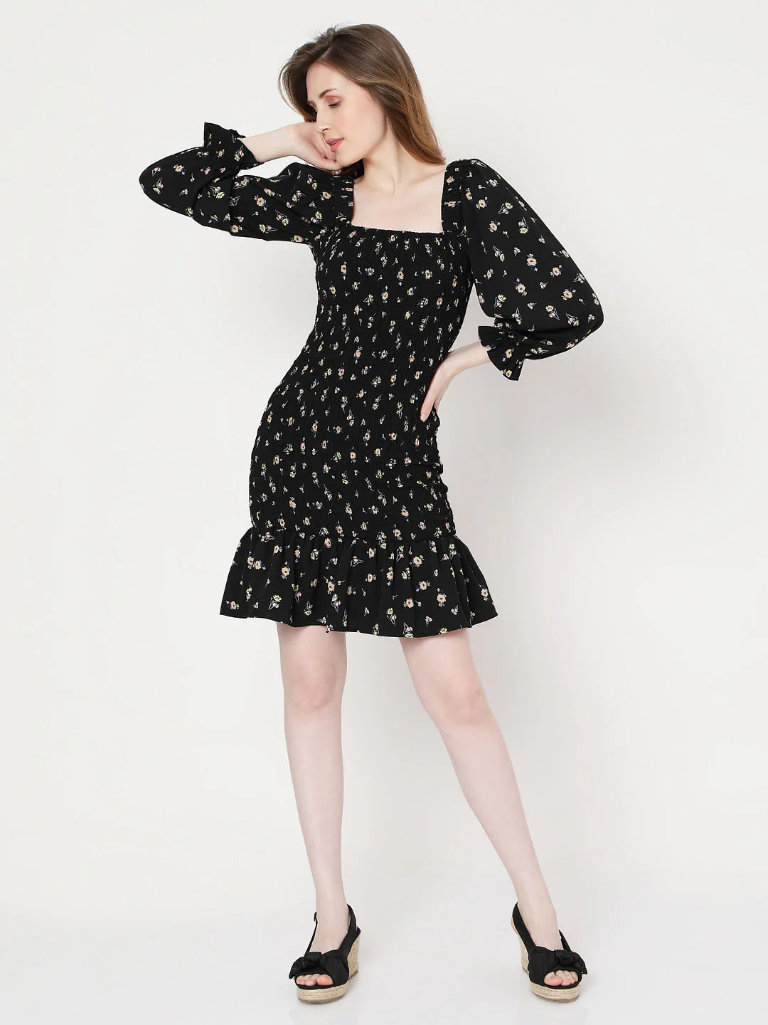 Black Floral Smock Shift Dress - Image 5