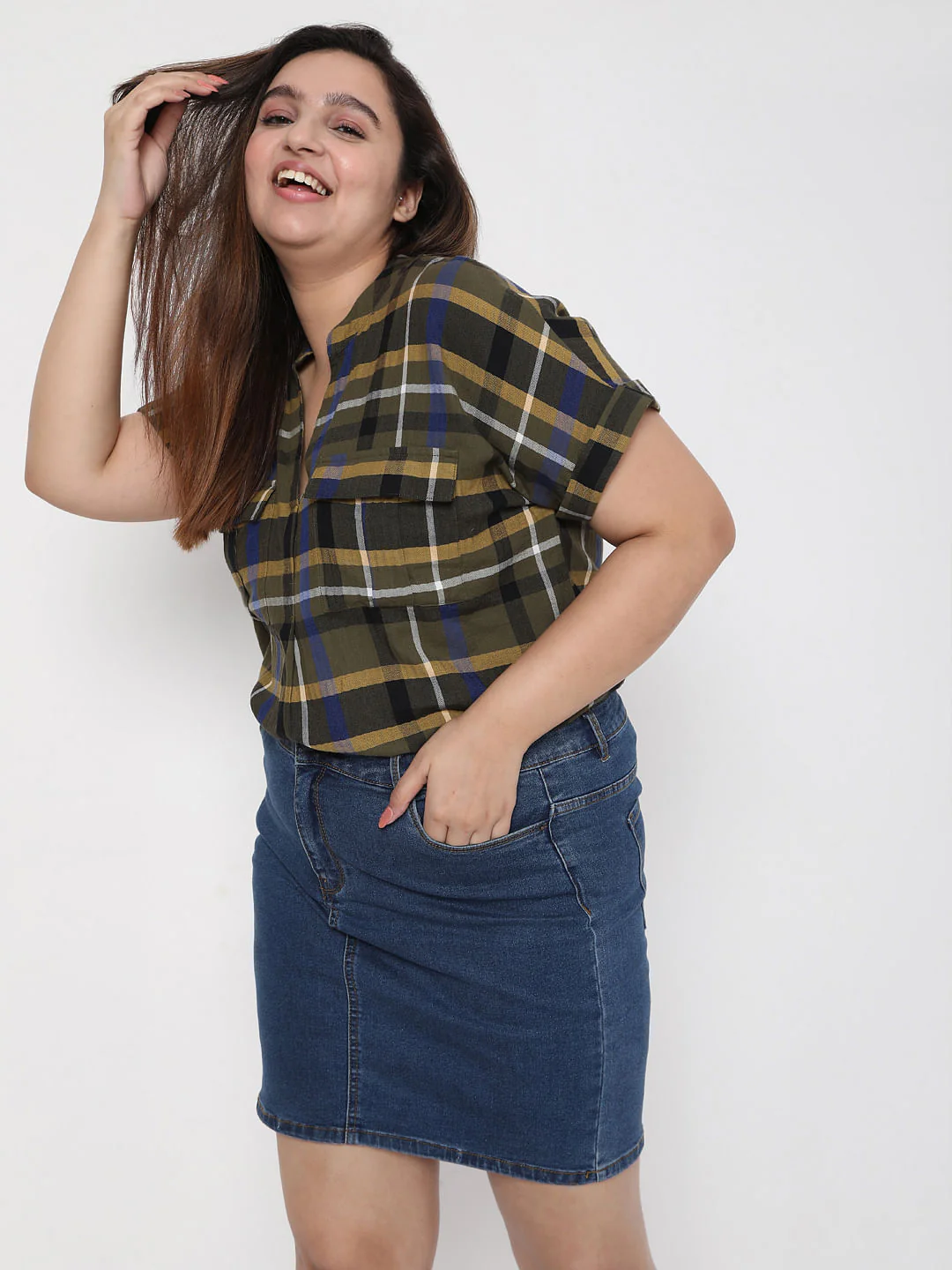 Curve Olive Green Check Top