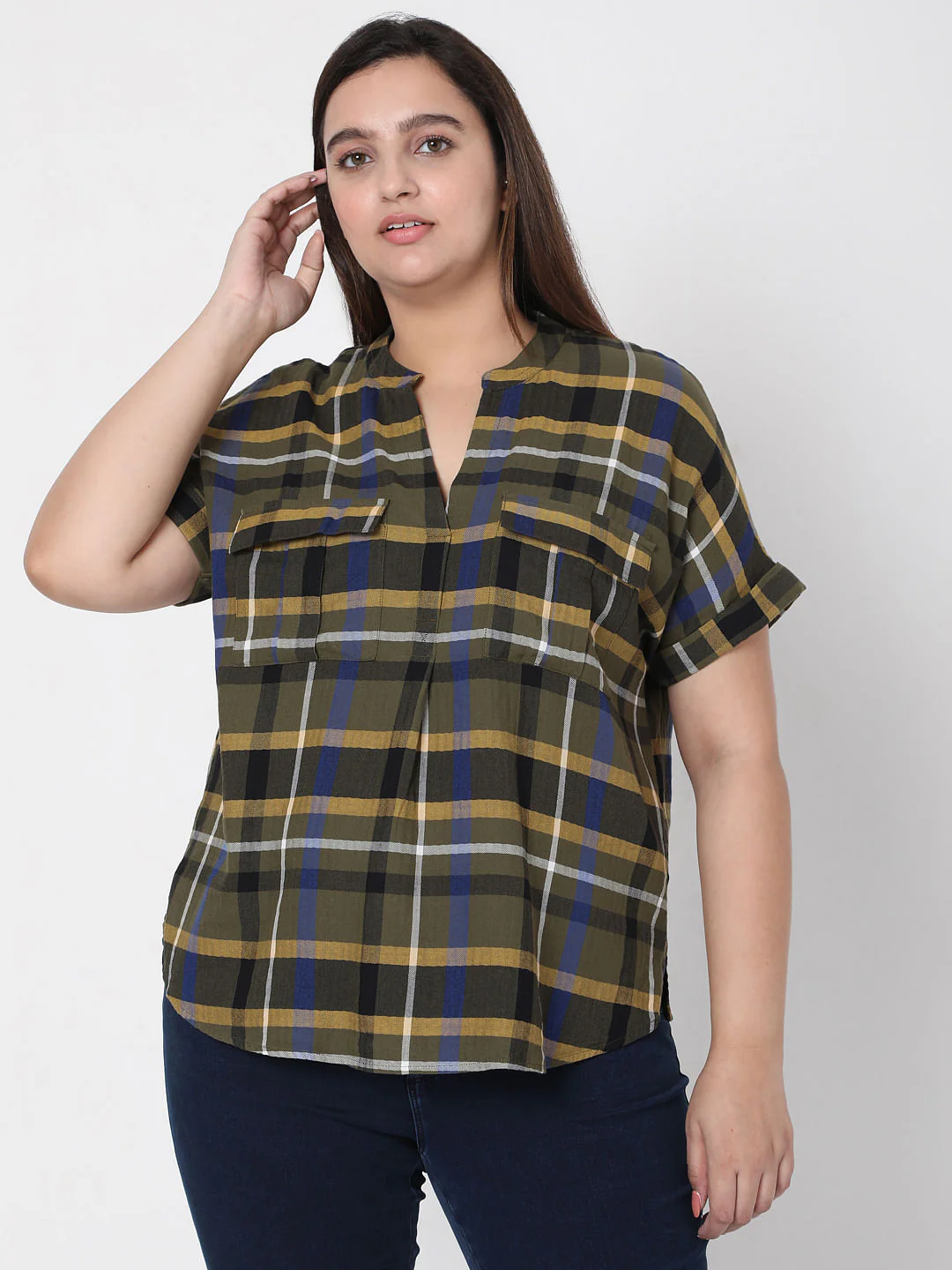 Curve Olive Green Check Top - Image 2