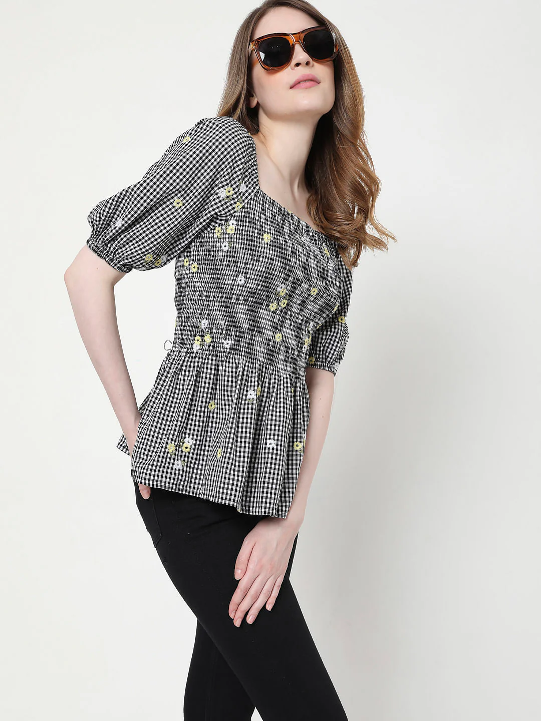 Black Check Smocked Top