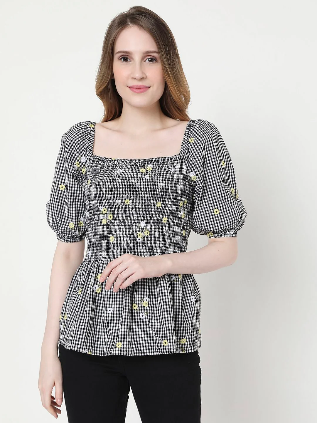 Black Check Smocked Top - Image 2
