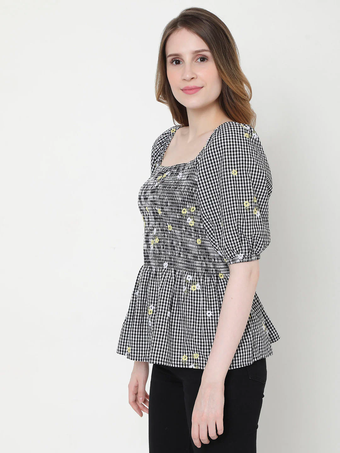 Black Check Smocked Top - Image 3