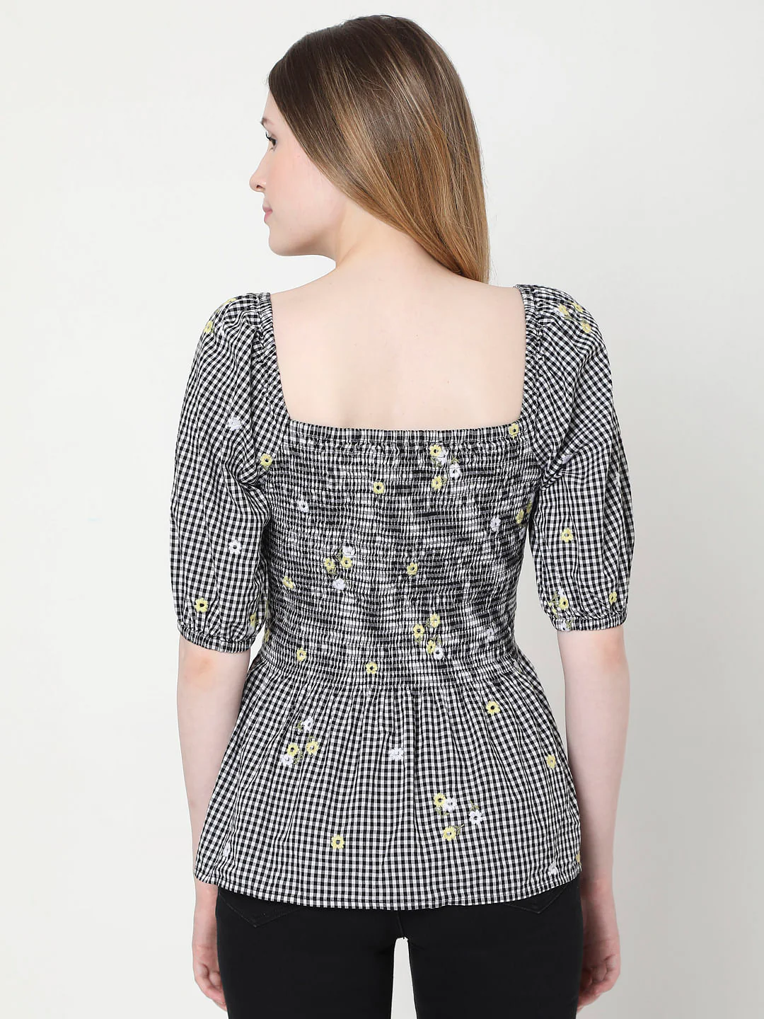 Black Check Smocked Top - Image 4