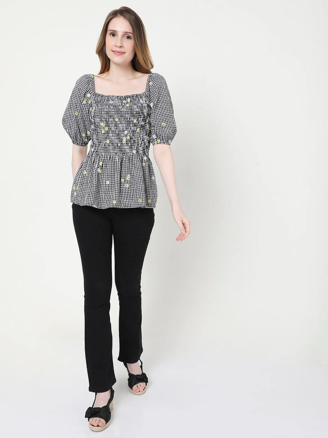 Black Check Smocked Top - Image 5