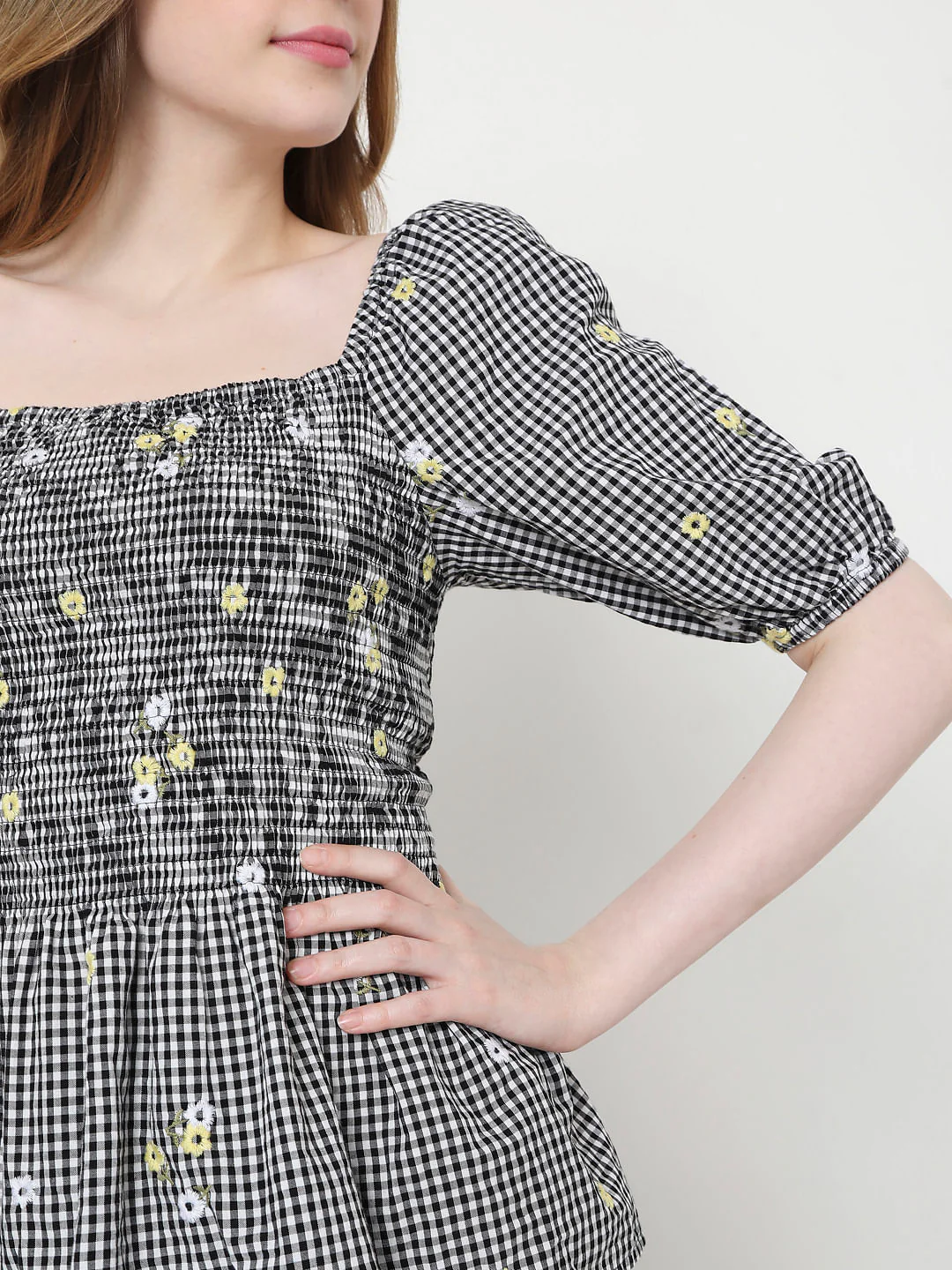 Black Check Smocked Top - Image 6