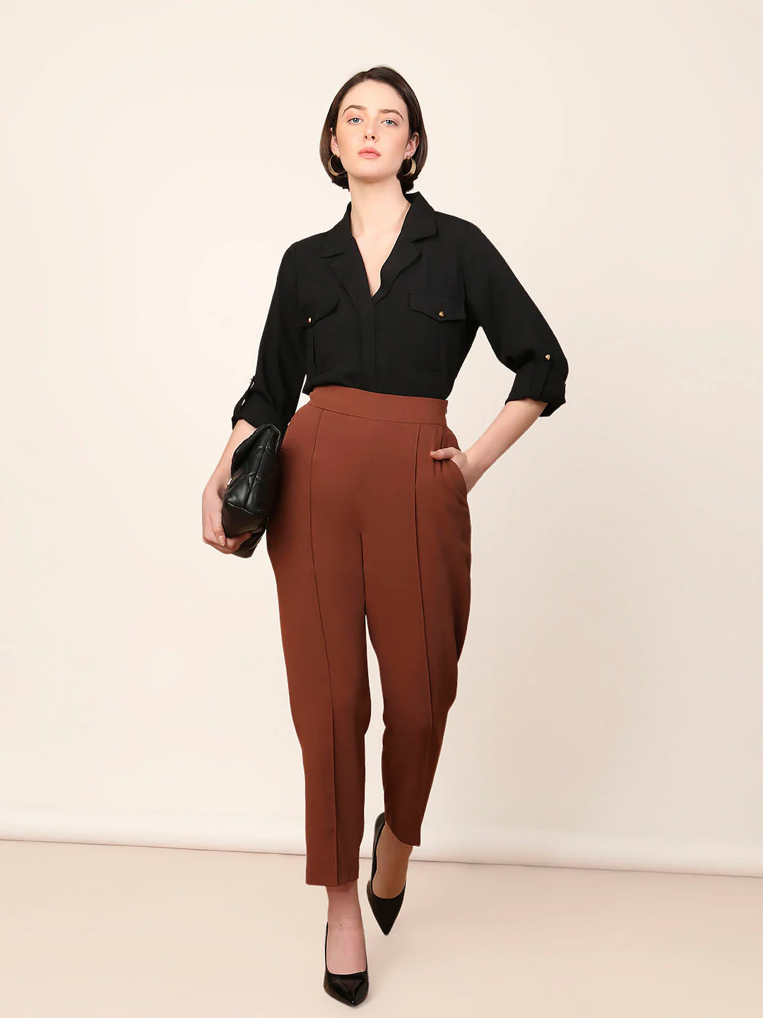 Brown High Rise Slim Fit Pants