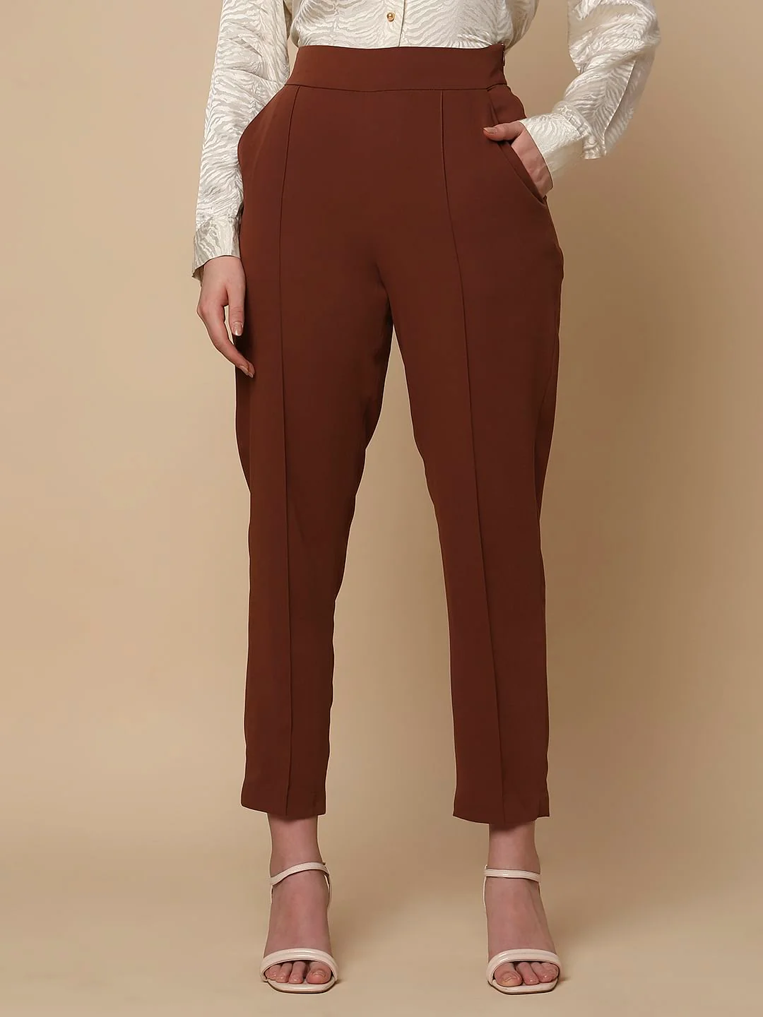 Brown High Rise Slim Fit Pants - Image 2