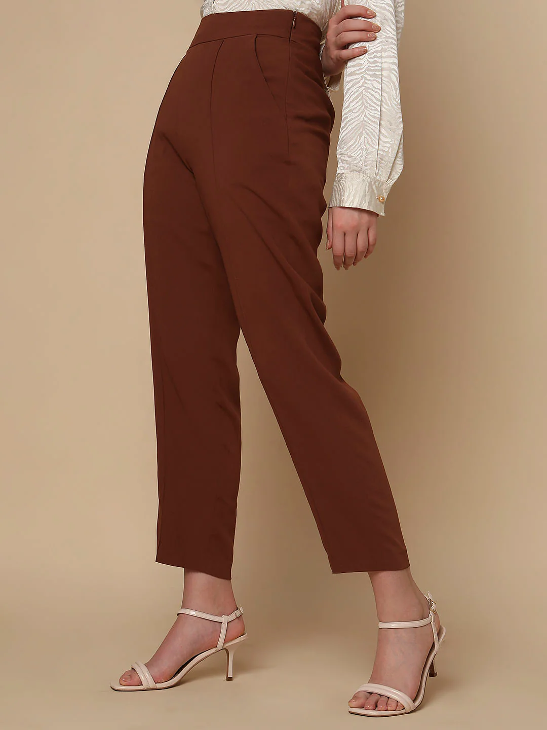 Brown High Rise Slim Fit Pants - Image 3