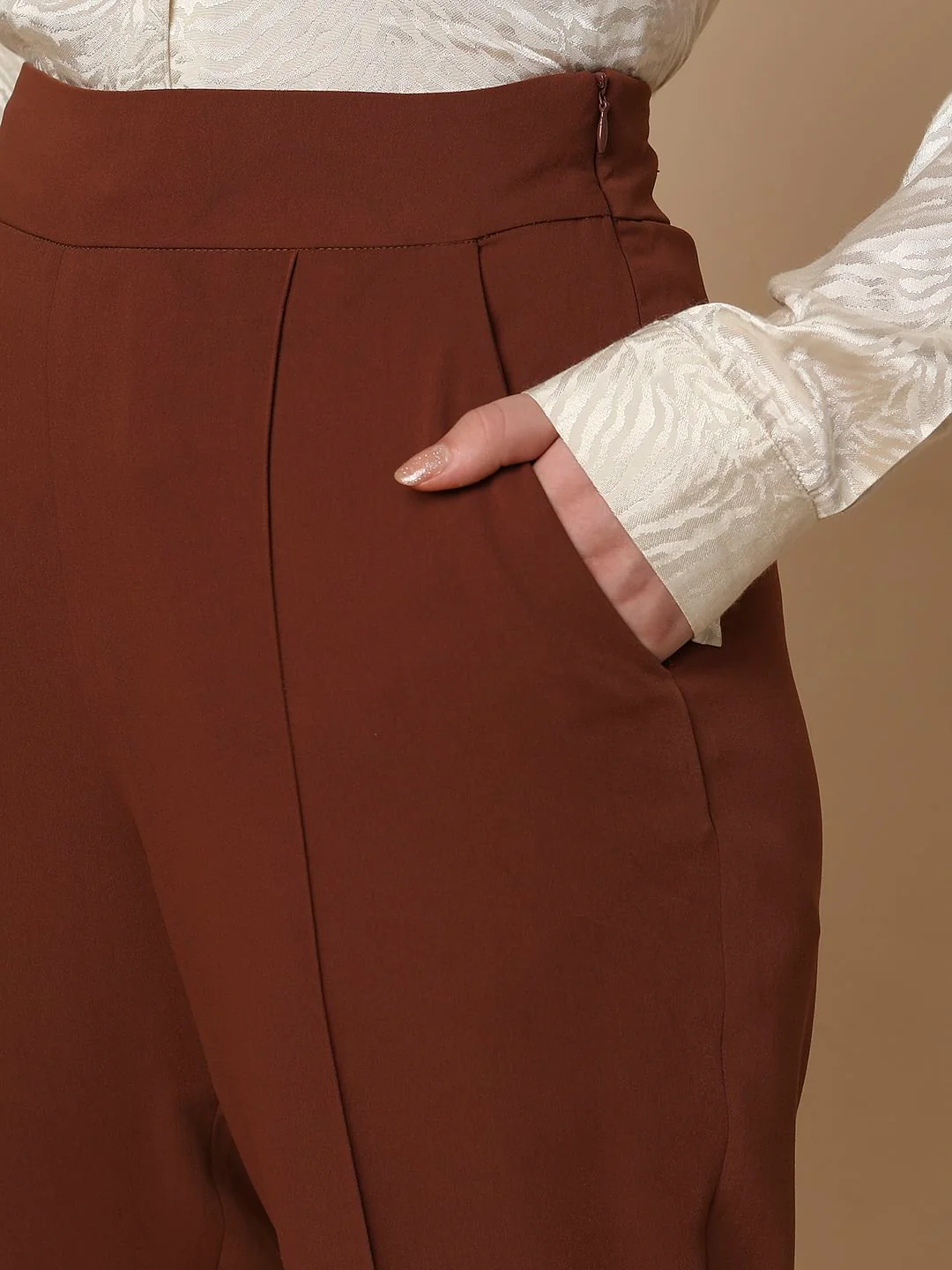 Brown High Rise Slim Fit Pants - Image 5