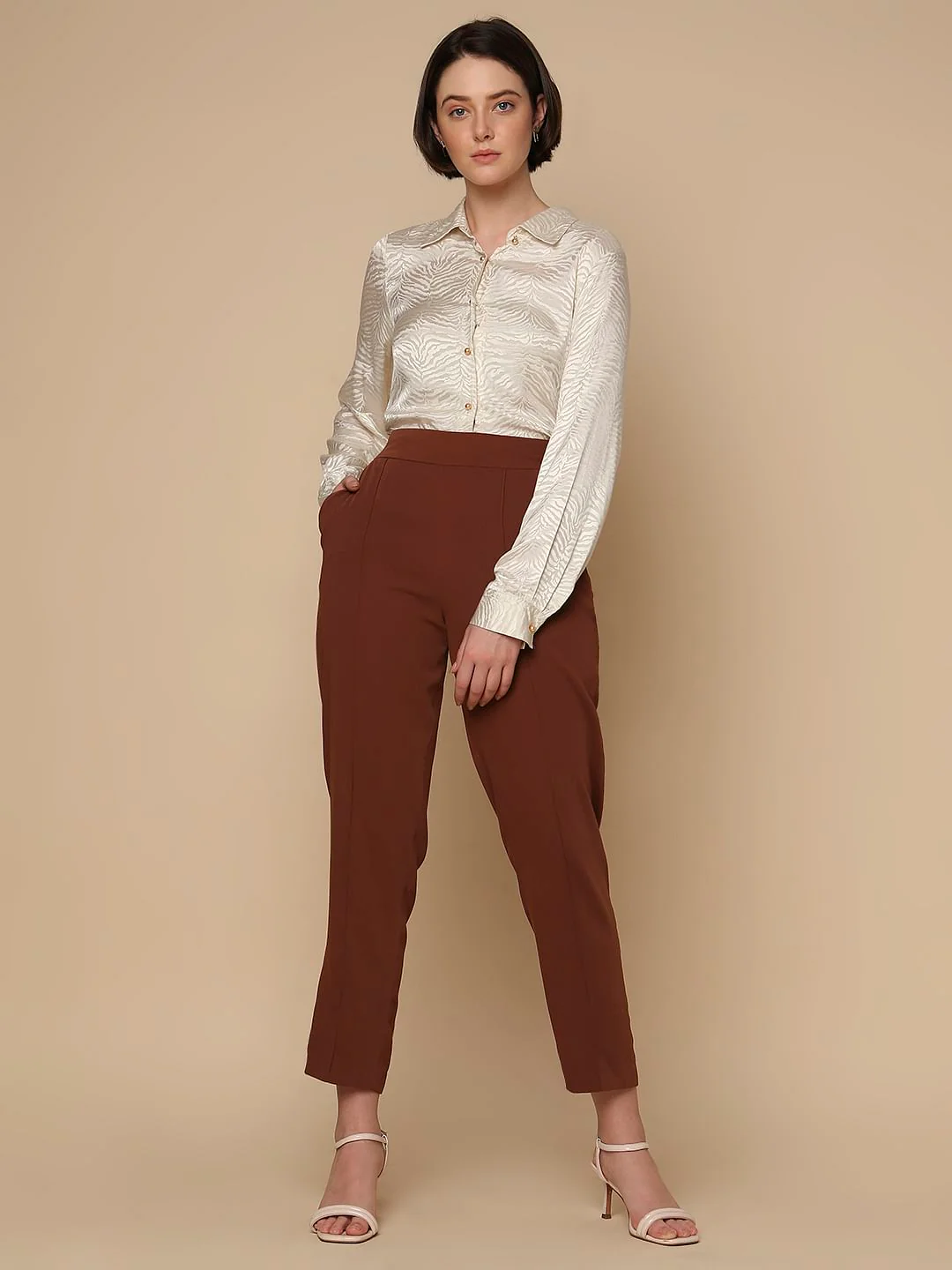 Brown High Rise Slim Fit Pants - Image 6