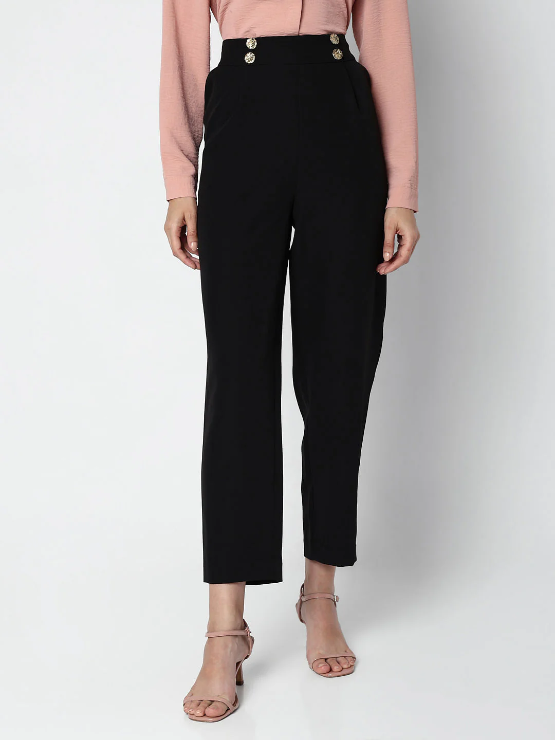 Black High Rise Button Detail Pants - Image 2