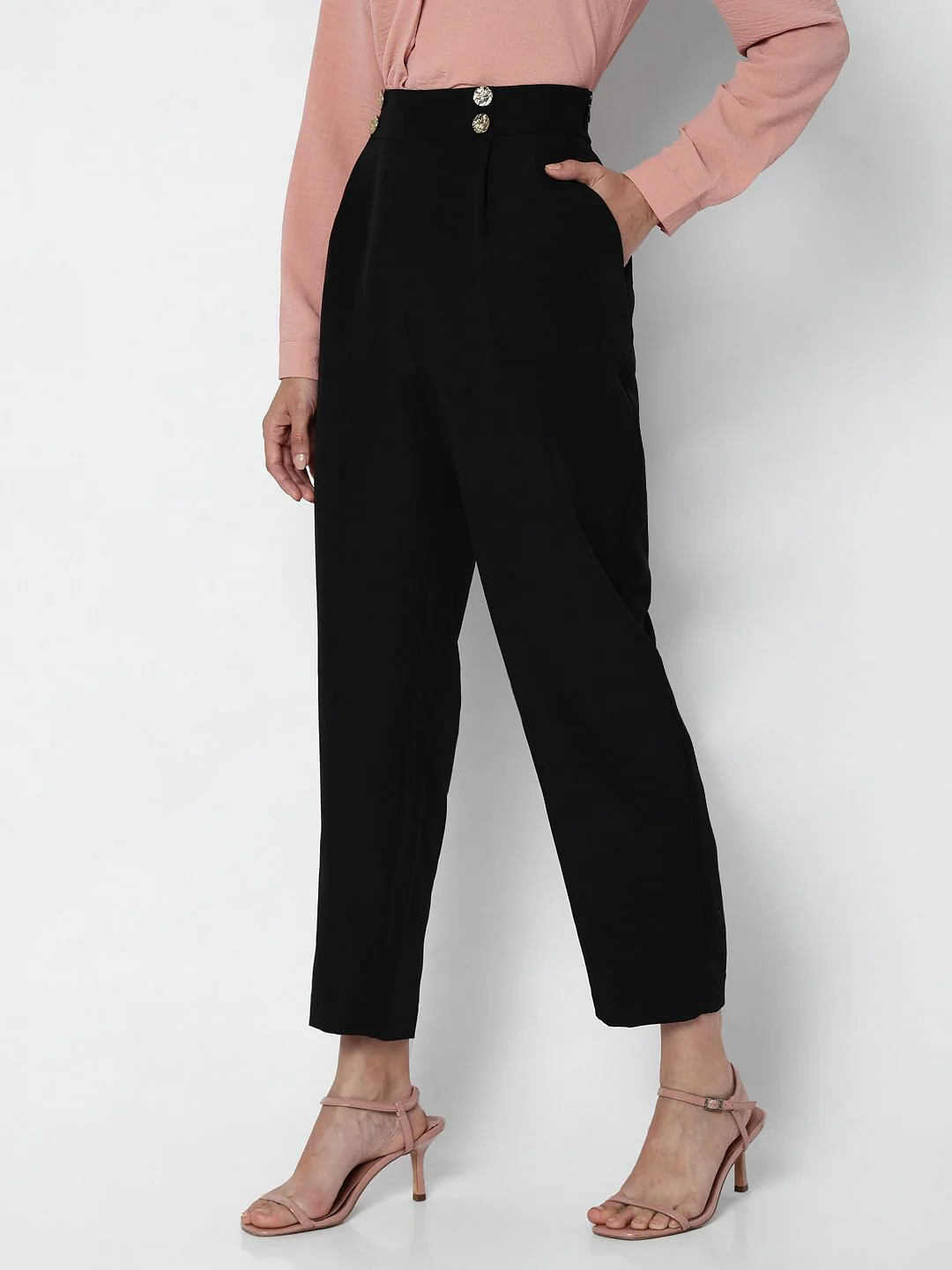 Black High Rise Button Detail Pants - Image 3
