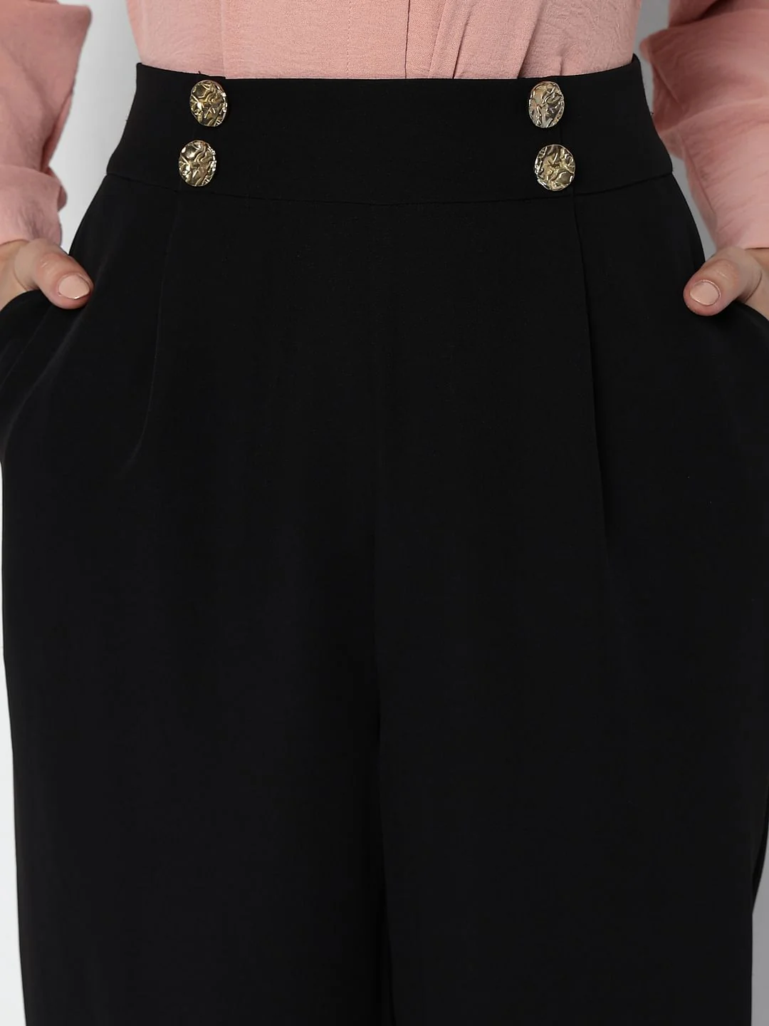 Black High Rise Button Detail Pants - Image 6