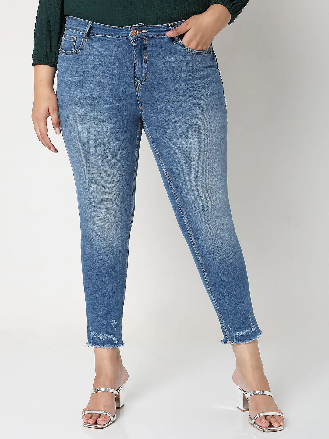 Curve Blue Mid Rise Distressed Wendy Skinny Jeans - Image 2