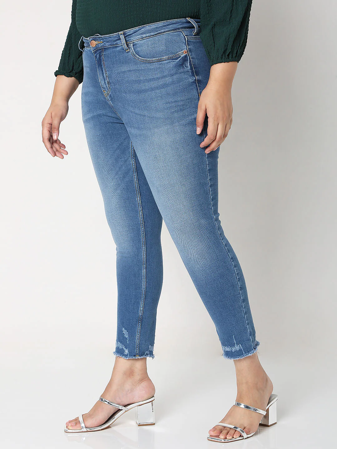 Curve Blue Mid Rise Distressed Wendy Skinny Jeans - Image 3