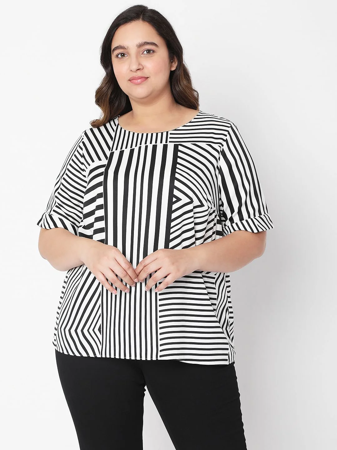 Curve Black & White Asymmetrical Striped Top - Image 2