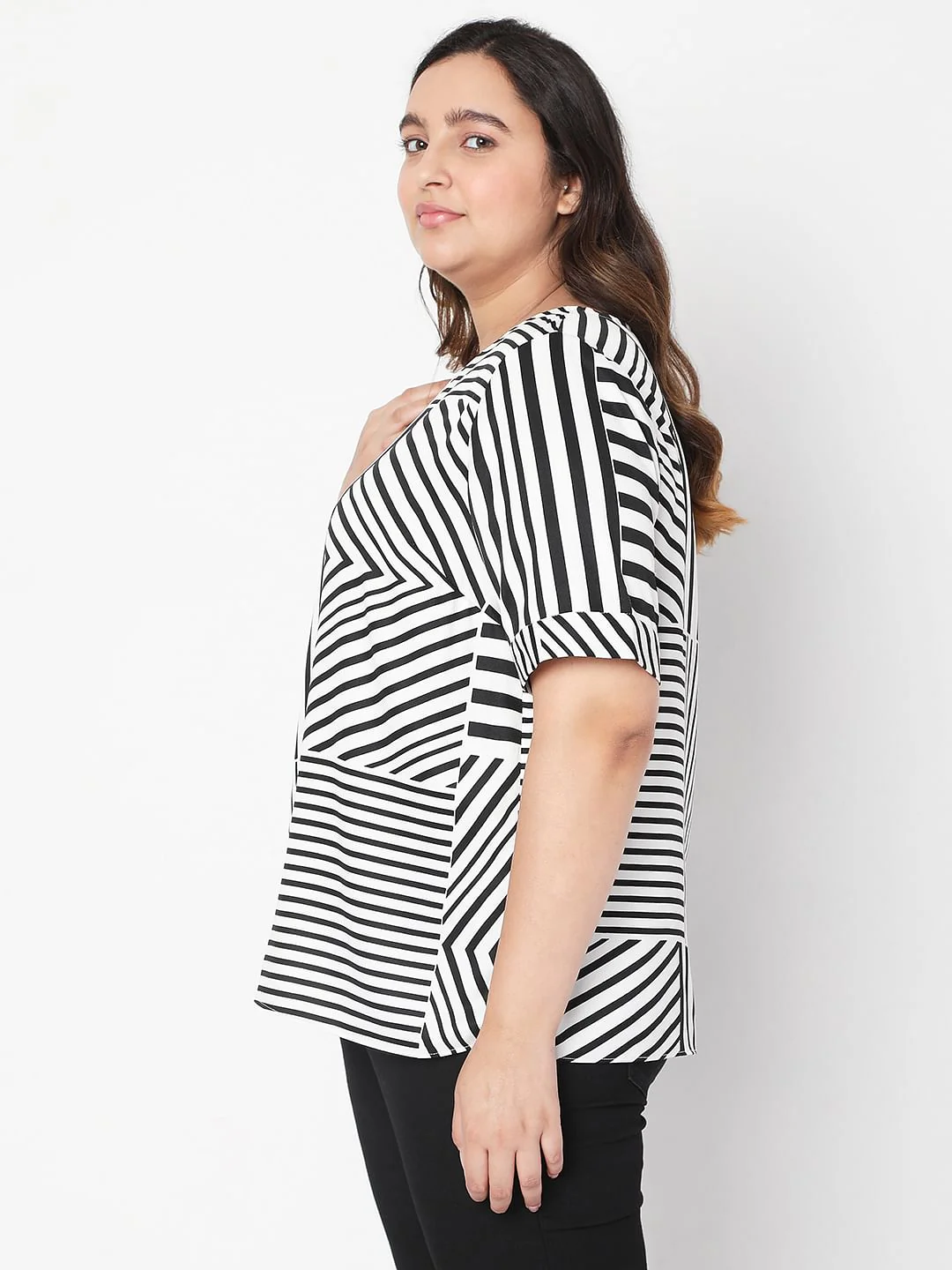 Curve Black & White Asymmetrical Striped Top - Image 3