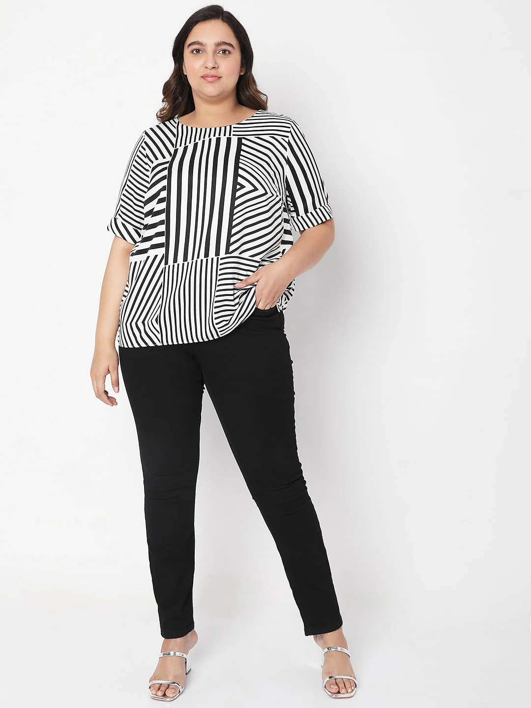 Curve Black & White Asymmetrical Striped Top - Image 5