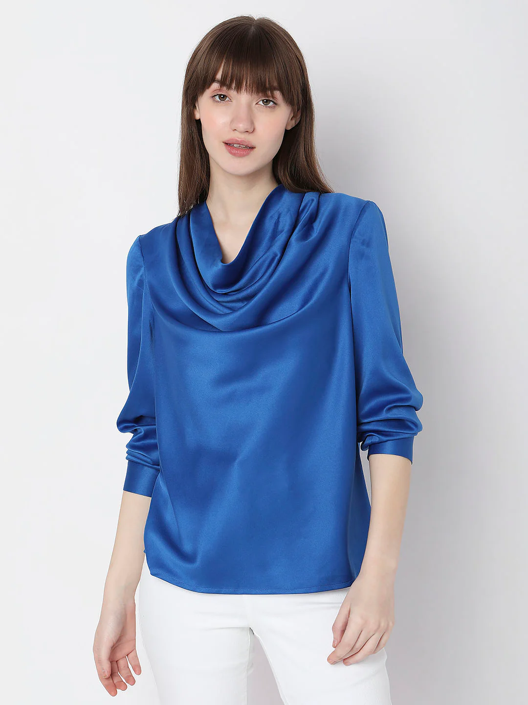 Blue Cowl Neck Satin Top - Image 2