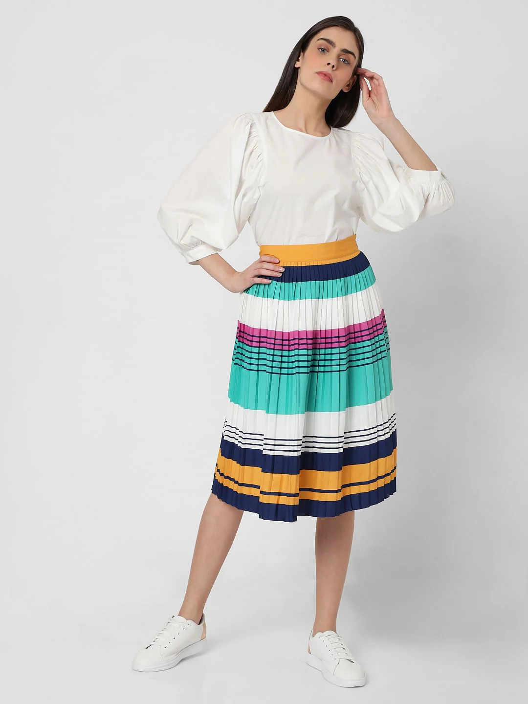 Multi-Coloured Striped Pleated Co-Ord Set Skirt - Image 5