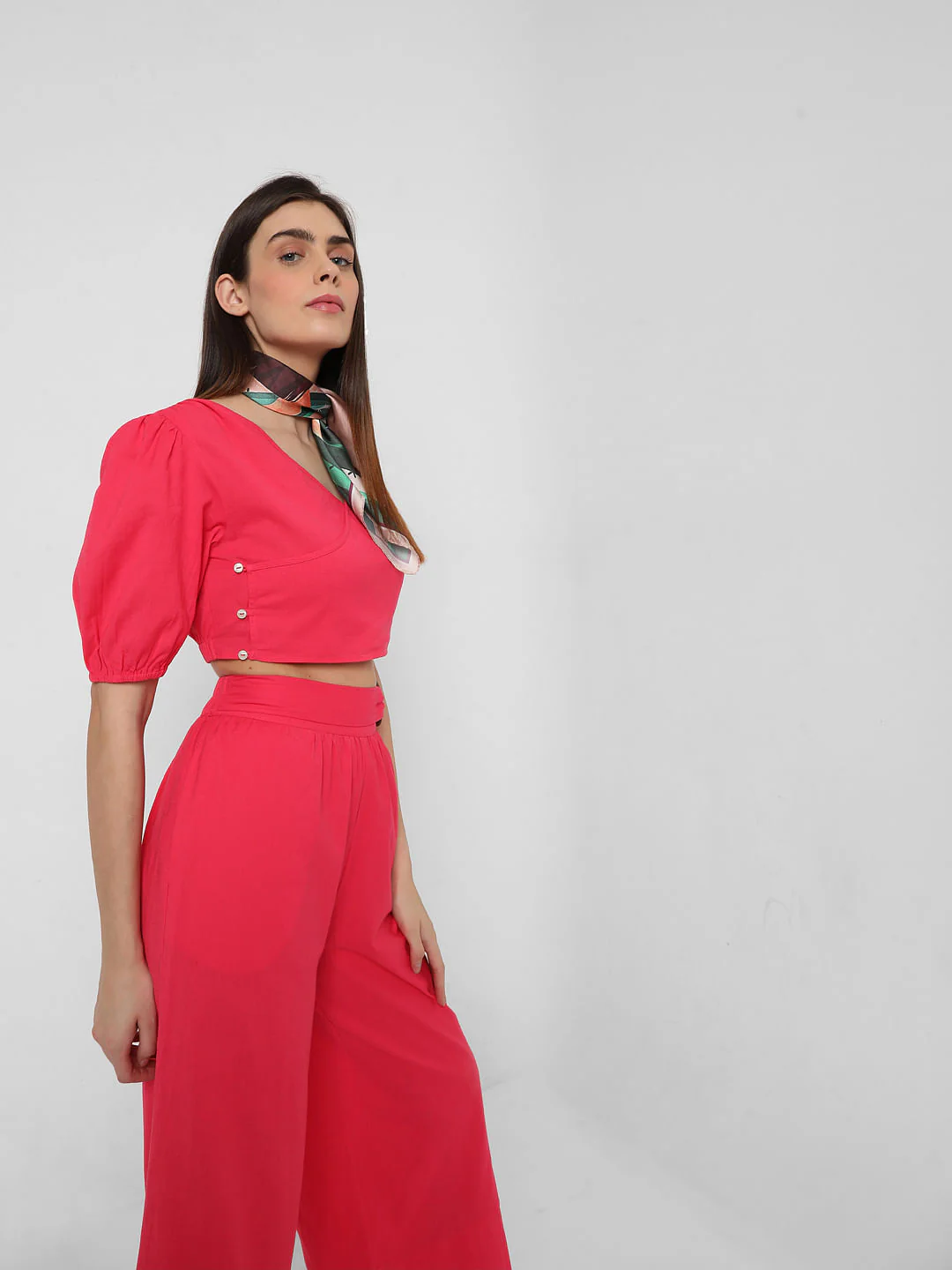 Pink Puff Sleeves Co-Ord Set Crop Top