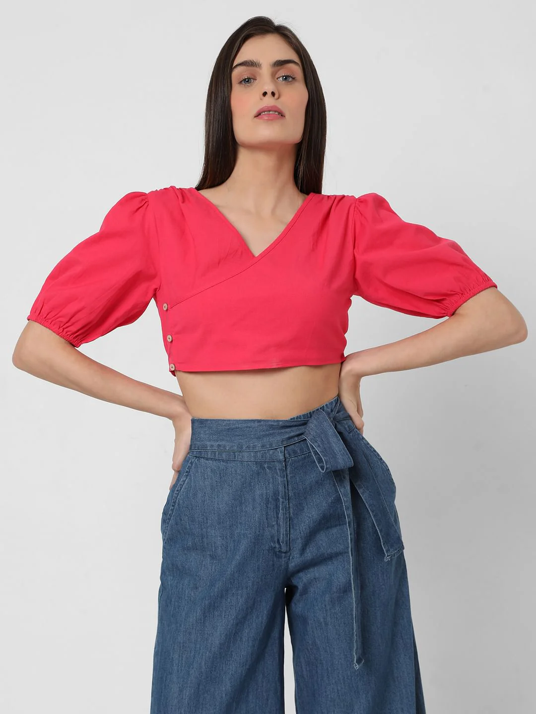 Pink Puff Sleeves Co-Ord Set Crop Top - Image 2