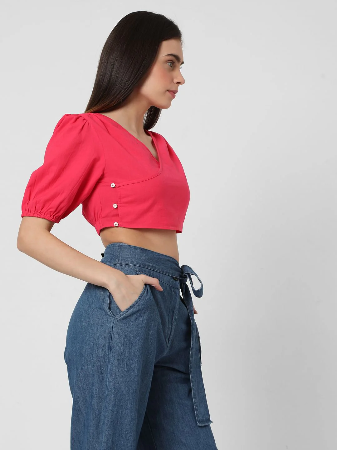 Pink Puff Sleeves Co-Ord Set Crop Top - Image 3