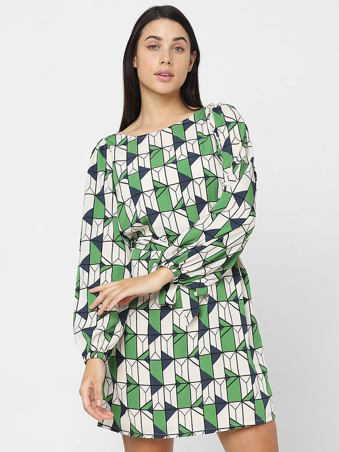 Beige Geometric Print Fit & Flare Dress - Image 2