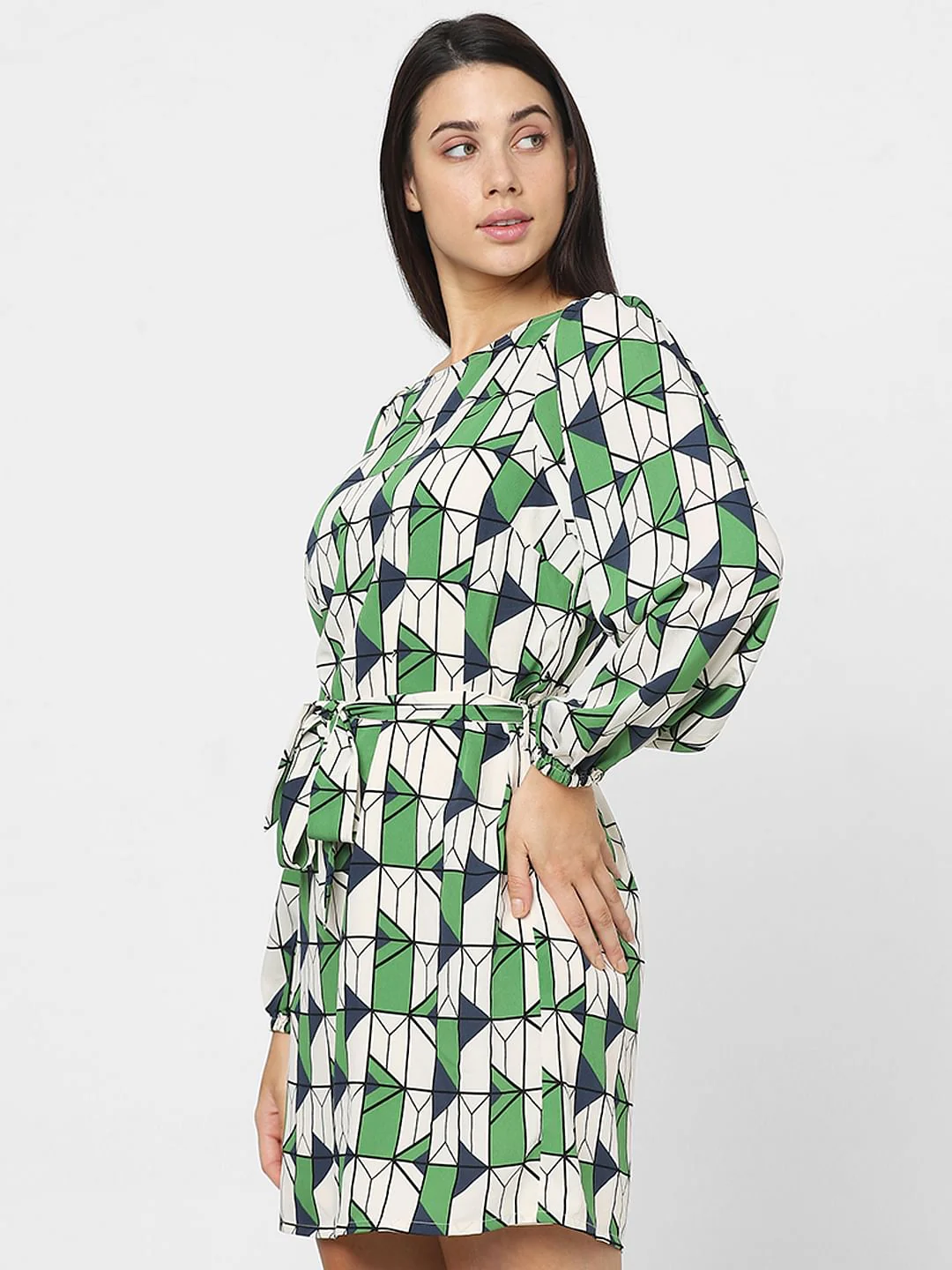 Beige Geometric Print Fit & Flare Dress - Image 3