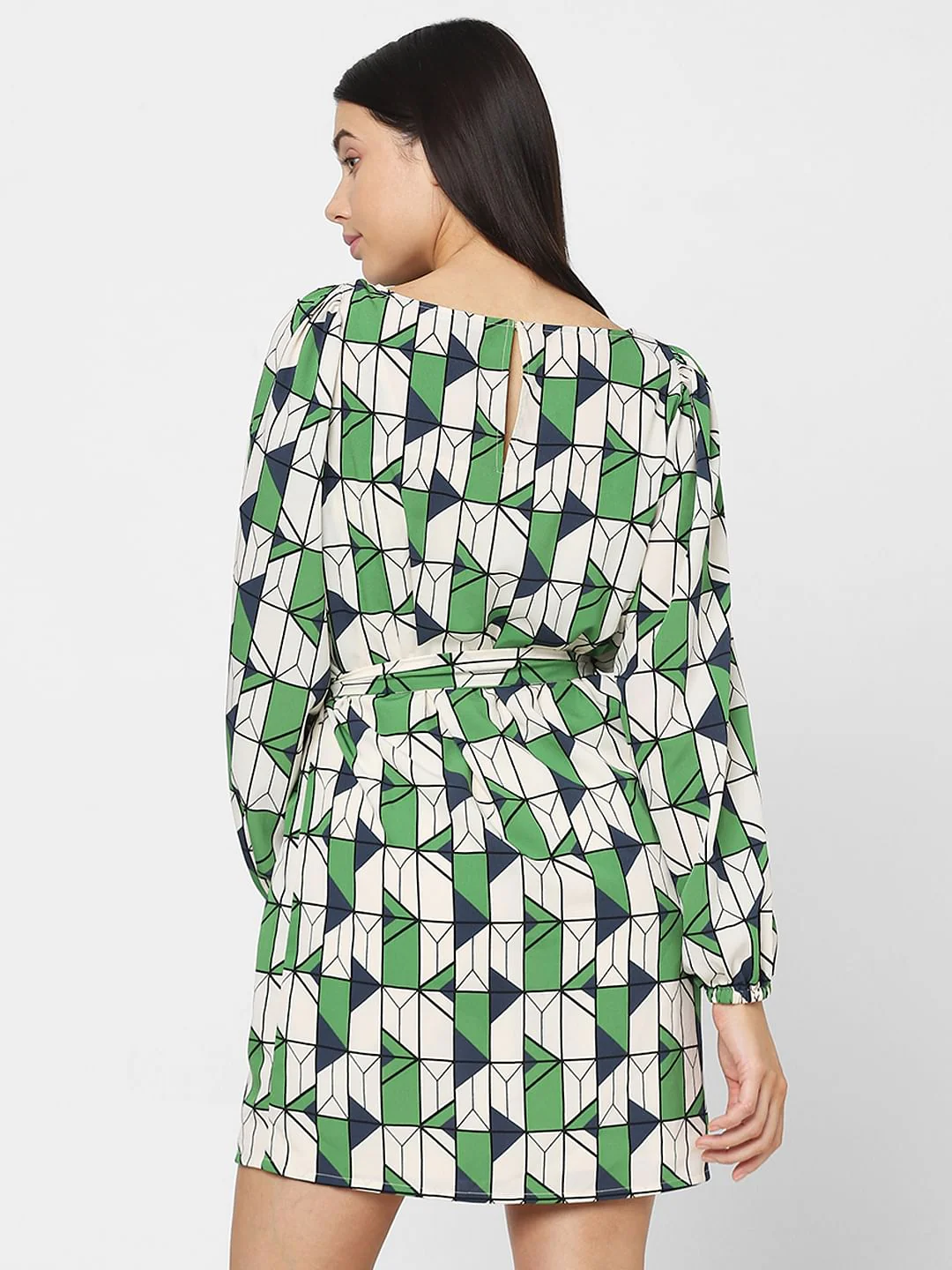Beige Geometric Print Fit & Flare Dress - Image 4