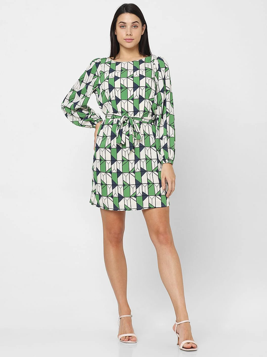Beige Geometric Print Fit & Flare Dress - Image 7