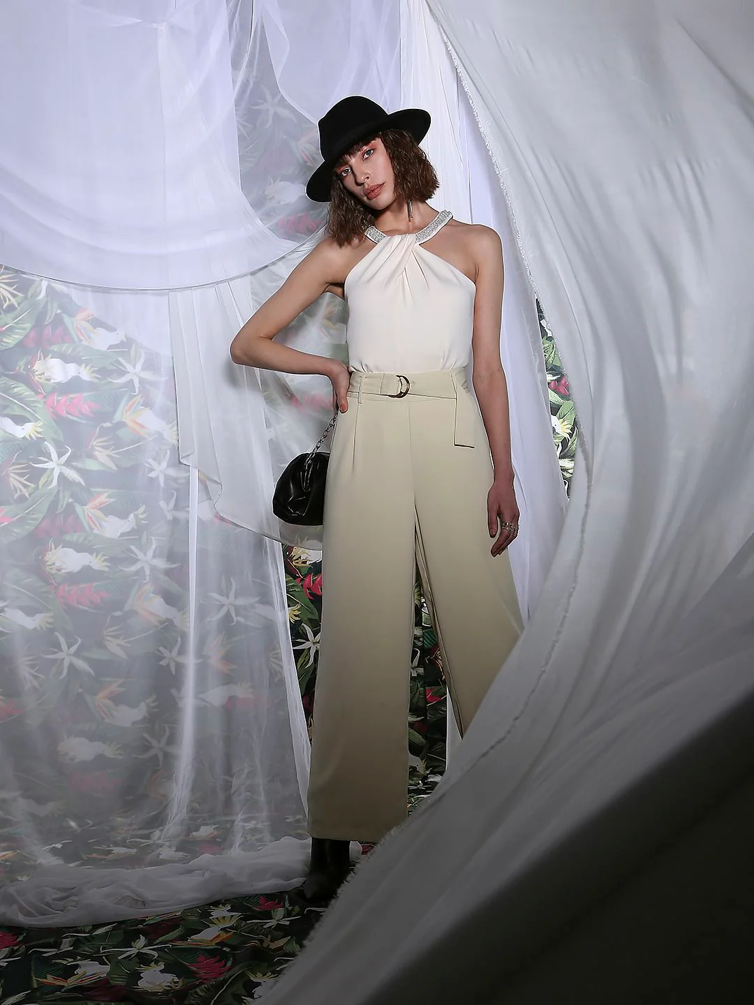 Marquee Off-White Embellished Halter Neck Top
