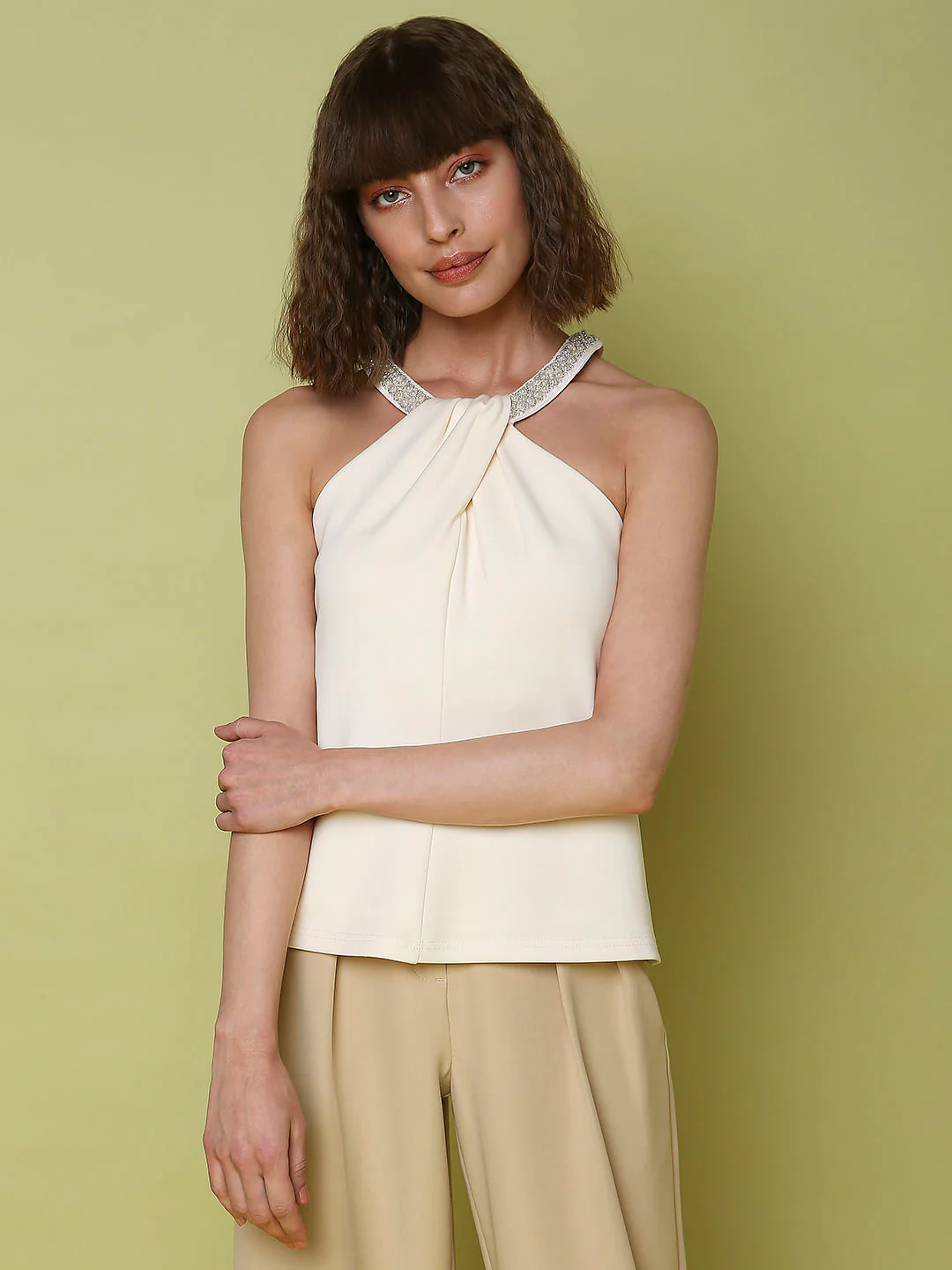 Marquee Off-White Embellished Halter Neck Top - Image 2