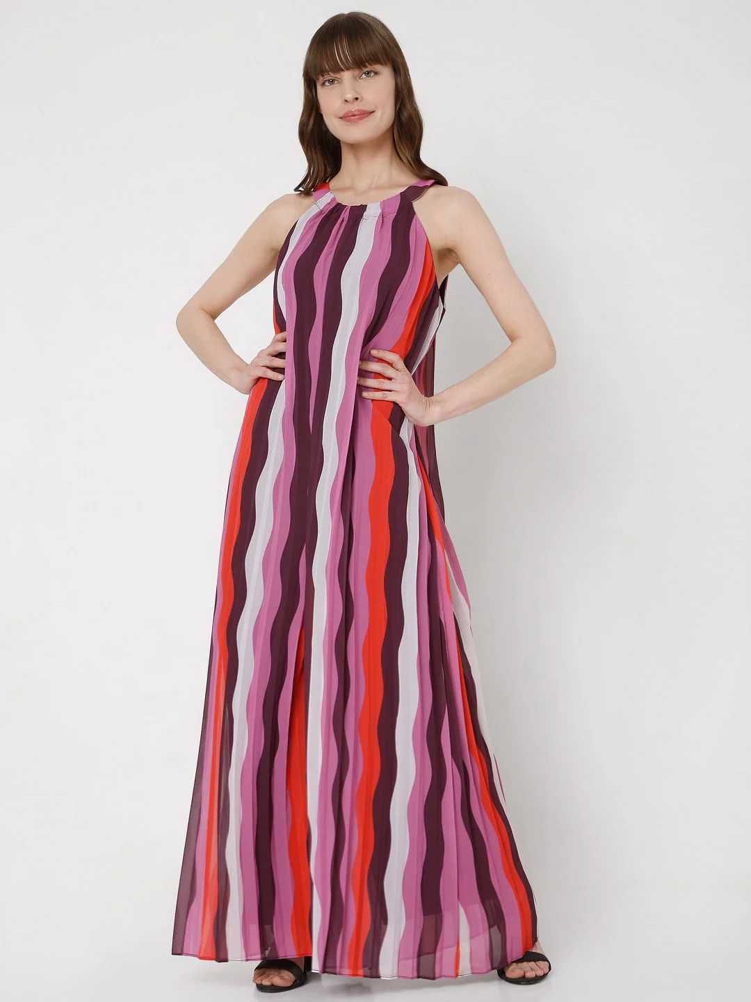 Purple Asymmetrical Striped Jumpsuit - Image 2