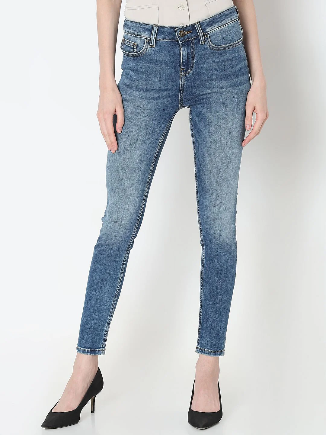 Blue Mid Rise Skinny Jeans - Image 2