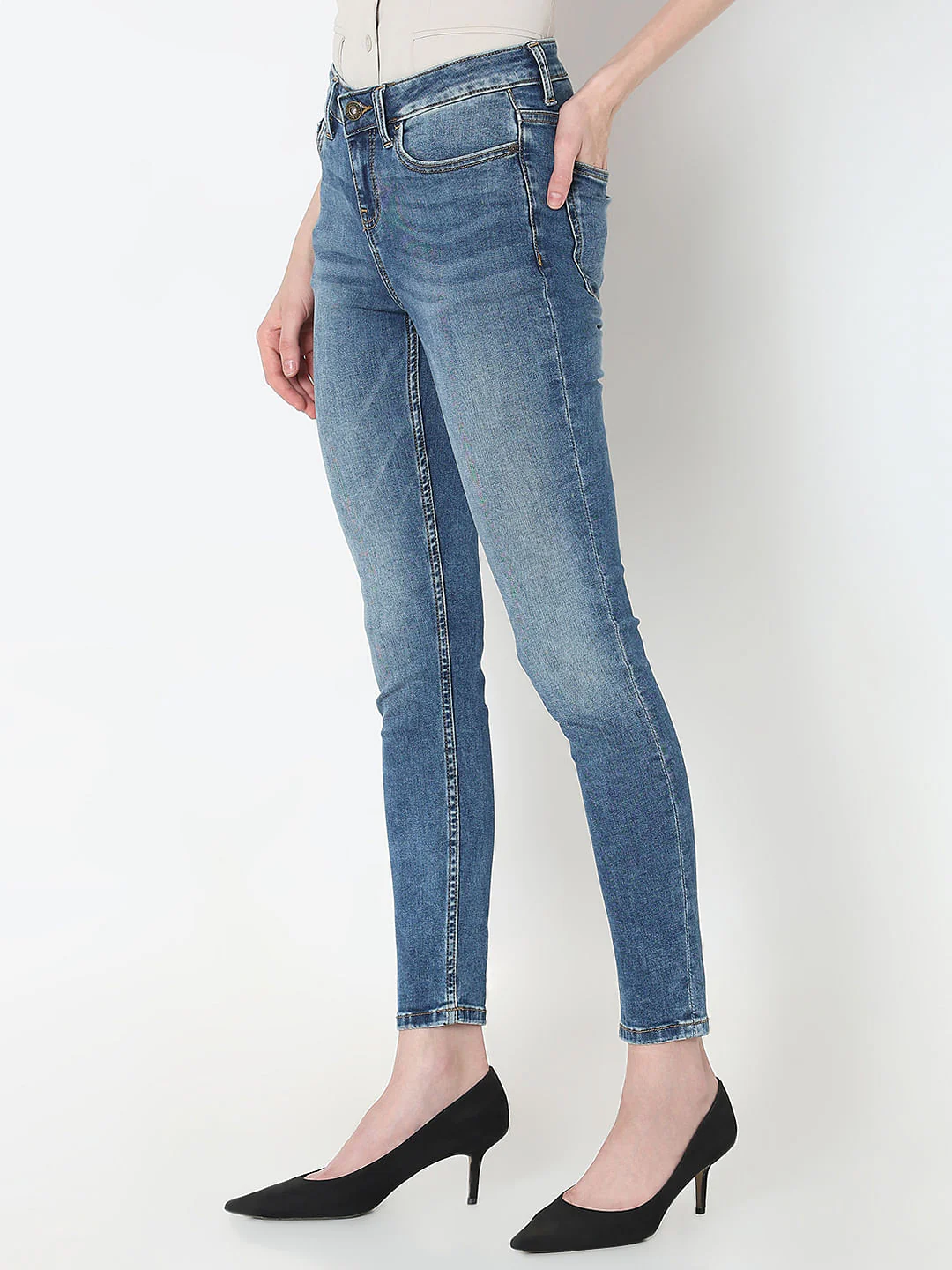 Blue Mid Rise Skinny Jeans - Image 3