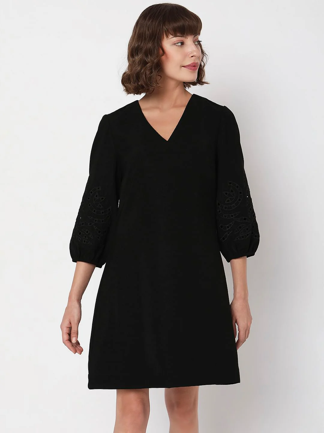 Black Embroidered Sleeves Mini Dress - Image 2