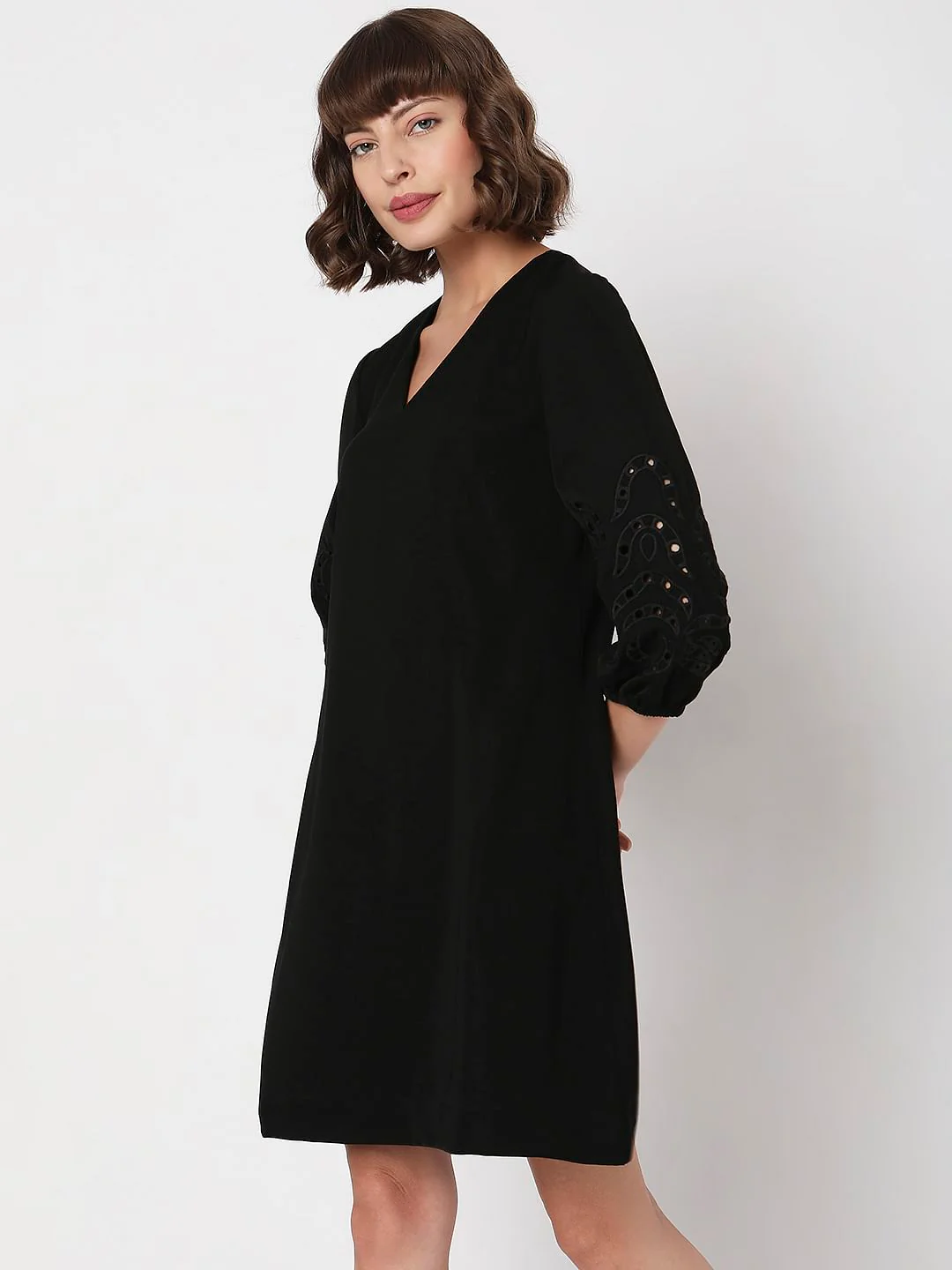 Black Embroidered Sleeves Mini Dress - Image 3