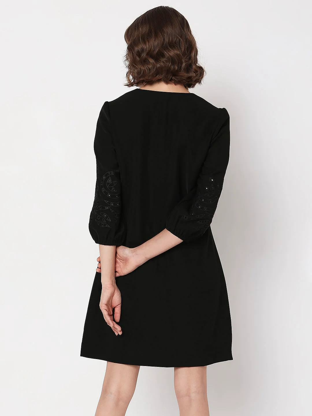 Black Embroidered Sleeves Mini Dress - Image 4