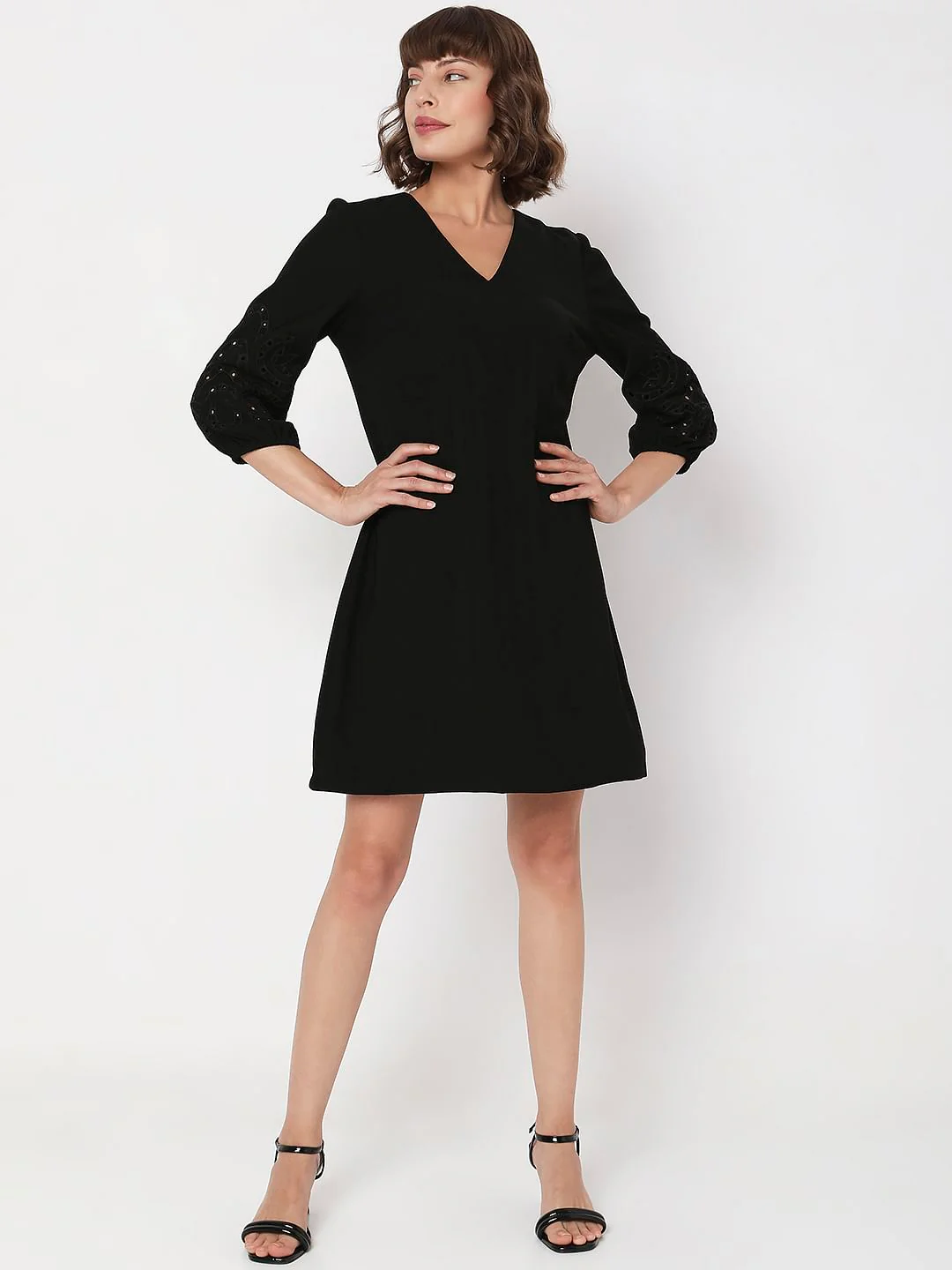 Black Embroidered Sleeves Mini Dress - Image 5