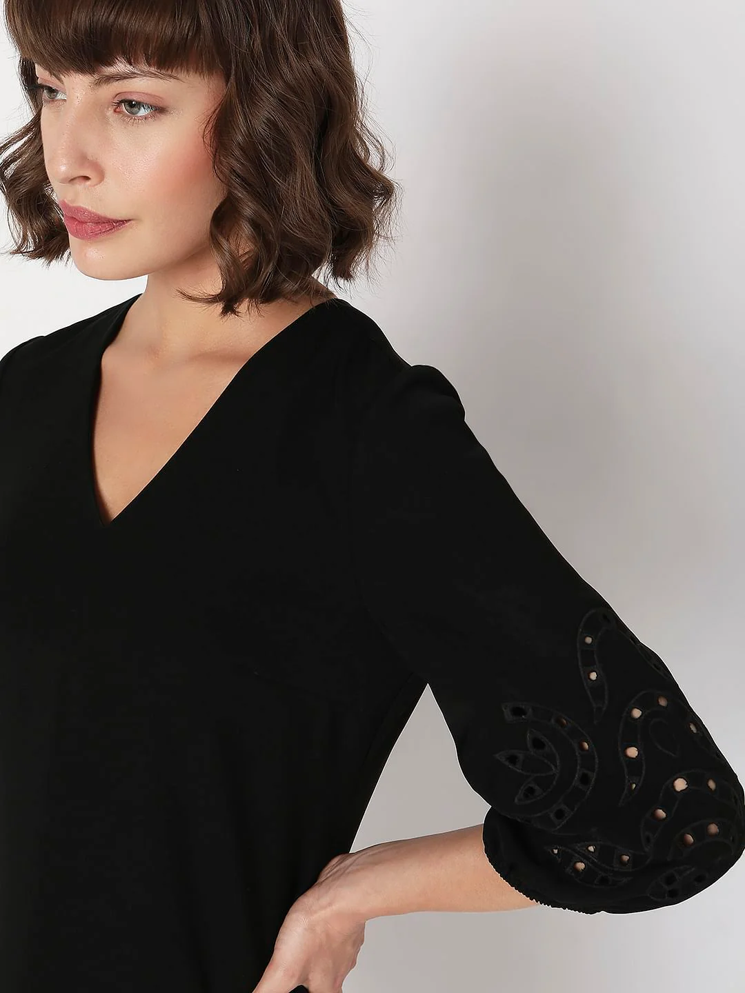 Black Embroidered Sleeves Mini Dress - Image 6